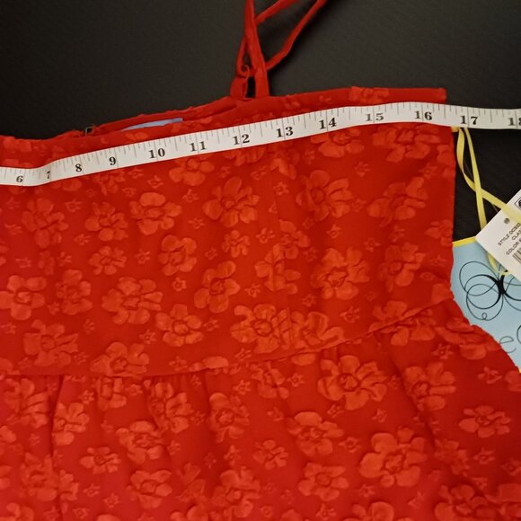 NEW CeCe Womens Floral Print Babydoll Mini Dress Mars‎ Red Size M Tiered Ruffled - Picture 10 of 12